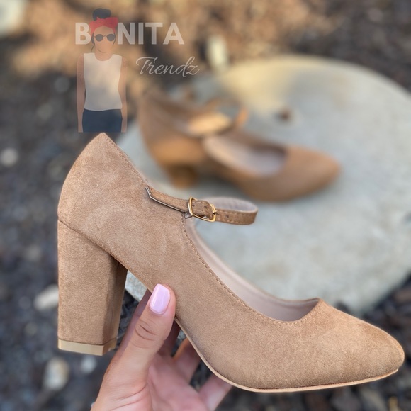 Vegan Suede Tan Mary Jane Pin Up Pumps Heels - Picture 5 of 5